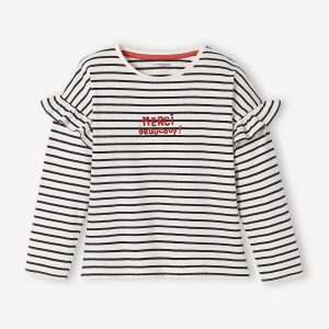 Achat Tee-shirt à message manches volantées fille blanc rayé pas cher en promo