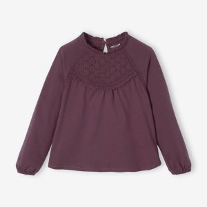 Achat Tee-shirt blouse détail en broderie anglaise fille aubergine pas cher en promo