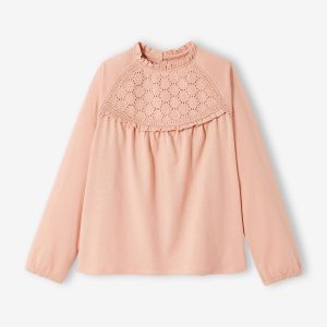 Achat Tee-shirt blouse détail en broderie anglaise fille rose poudré pas cher en promo
