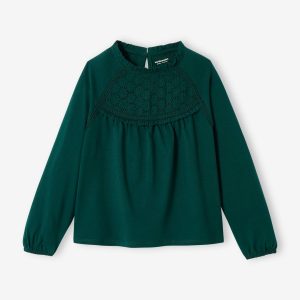 Achat Tee-shirt blouse détail en broderie anglaise fille vert foncé pas cher en promo