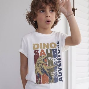 Achat Tee-shirt dinosaure garçon manches courtes ecru pas cher en promo