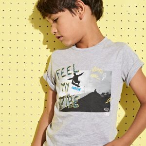 Achat Tee-shirt garçon motif photoprint gris clair chiné pas cher en promo