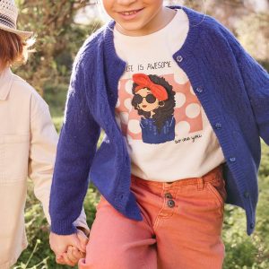 Achat Tee-shirt girly détails irisés et noeud fantaisie fille ivoire imprimé pas cher en promo