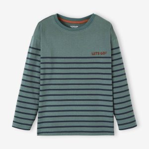 Achat Tee-shirt marinière garçon détail flocage velours vert raye pas cher en promo