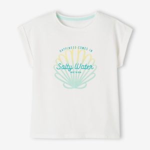 Achat Tee-shirt motif coquillage irisé fille. blanc pas cher en promo