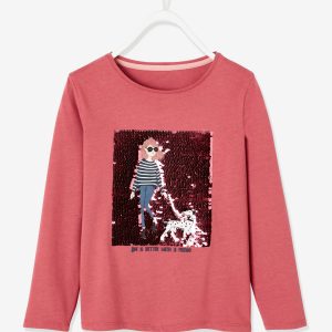Achat Tee-shirt motif girly à sequins fille rose foncé pas cher en promo