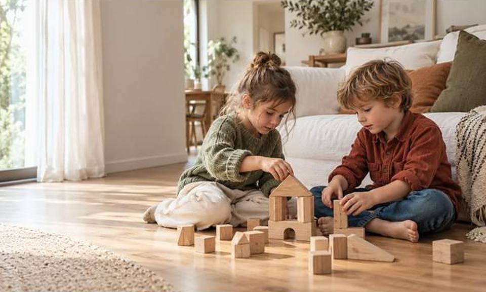 Deux enfants construisent une maison en blocs de bois sur le parquet du salon